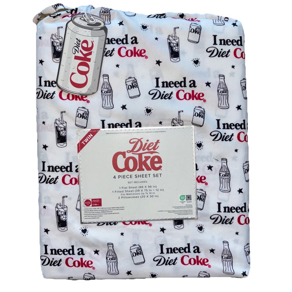I Need a Diet Coke Twin Sheet Set White & Red Coca-Cola Bedding 4 Piece Set NEW